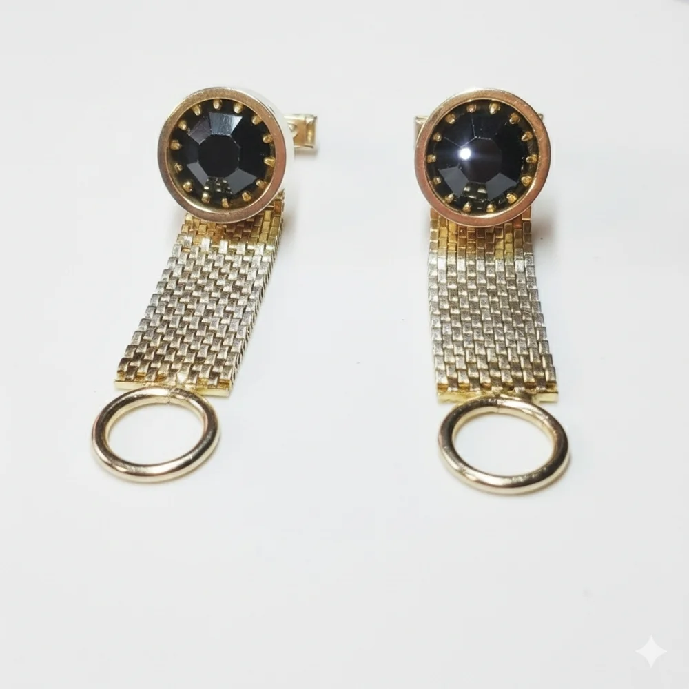 Cufflinks Black Glass Crystal Gold Tone Link Chain Clip Button Prong Set Formal